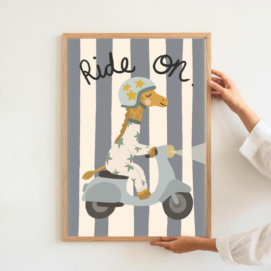 Giraffe on scooter - ride on | Art print